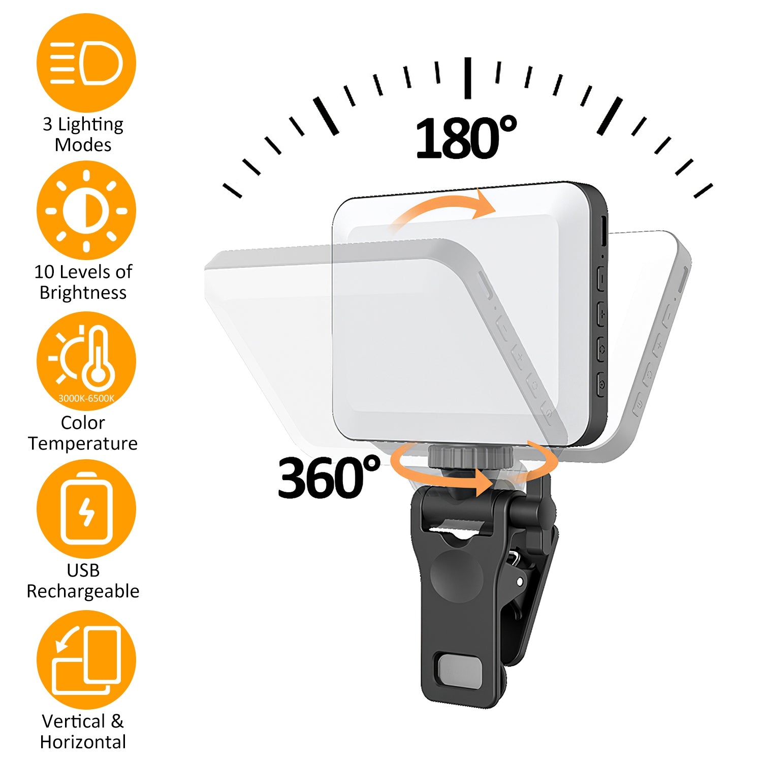 Rechargeable Clip-On Selfie Fill Light | 80 LEDs | 3 Modes | 10 Brightness Levels | 2000mAh