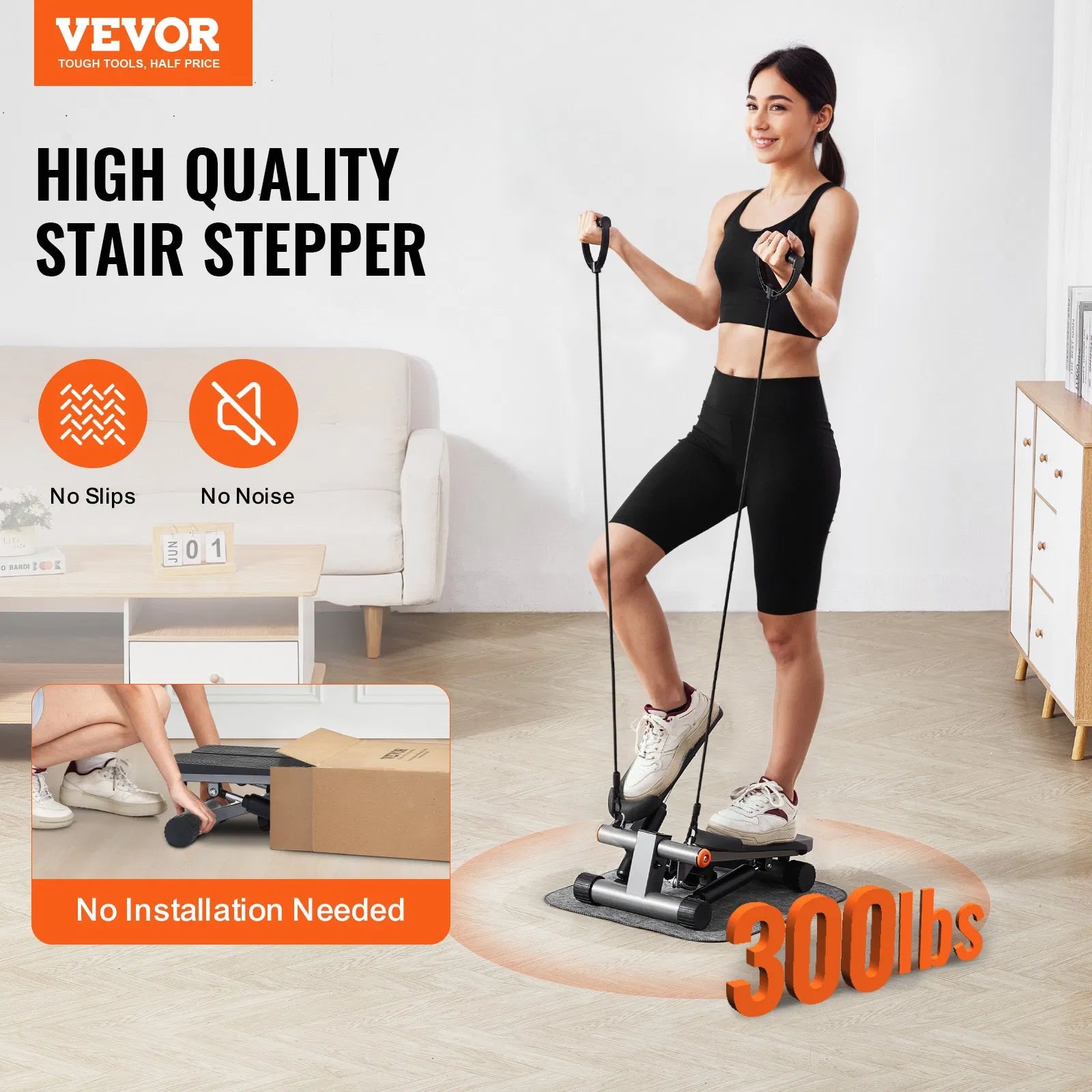 Hydraulic Mini Stair Stepper with Resistance Bands | LCD Display | 330lb Capacity | Home Gym