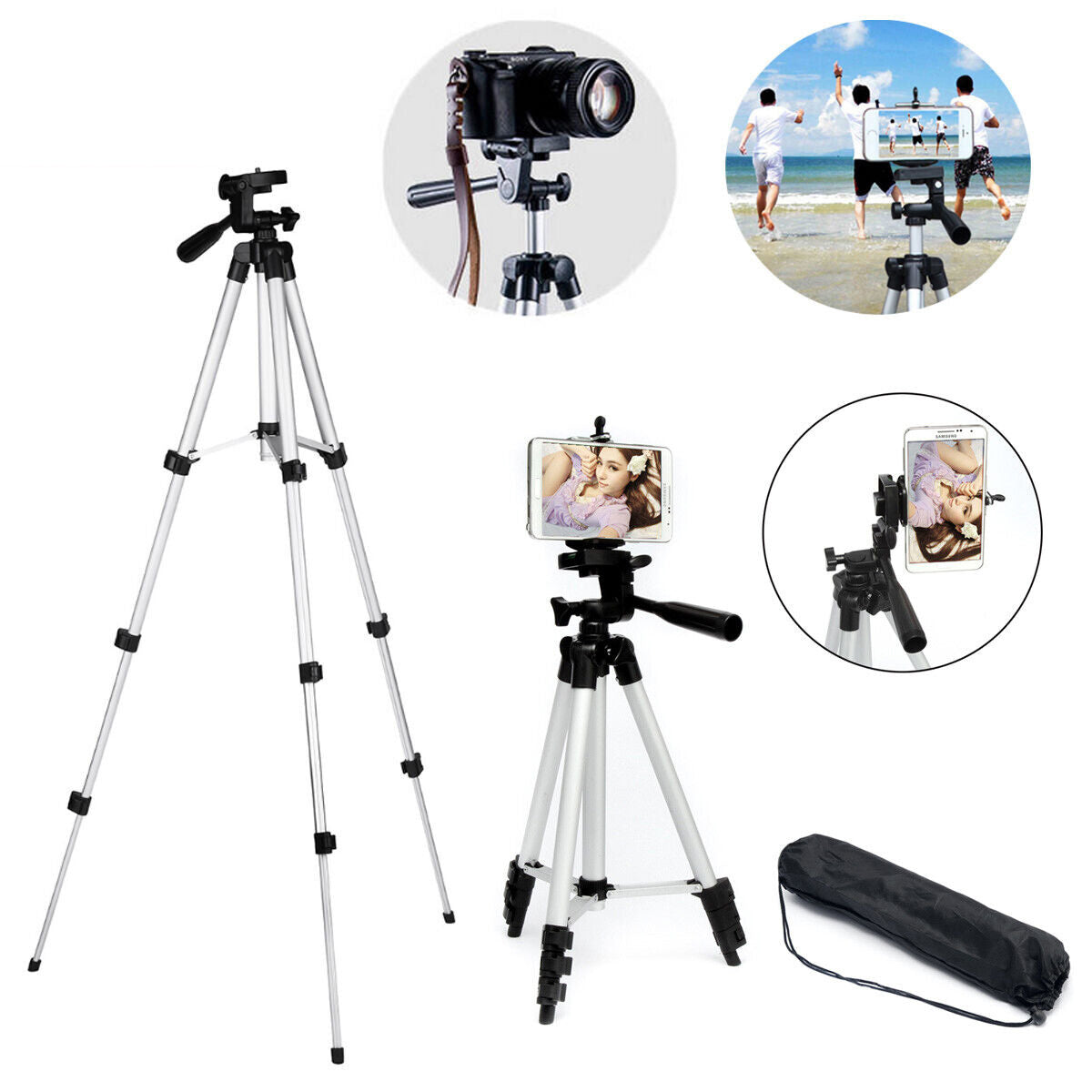 Portable Aluminum Tripod Stand with 360° Swivel Head & Phone Mount