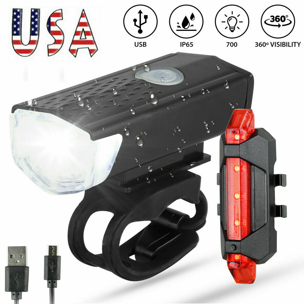 USB Rechargeable Bike Light Set | Front & Rear LED | IP65 Waterproof | 360° Visibility
