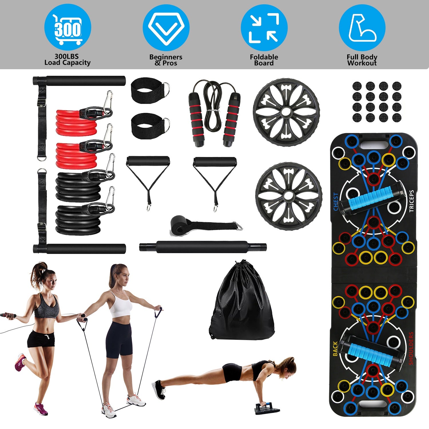 15-in-1 Push Up Board Home Gym Set | Pilates Bar, Resistance Bands, Ab Wheel & More