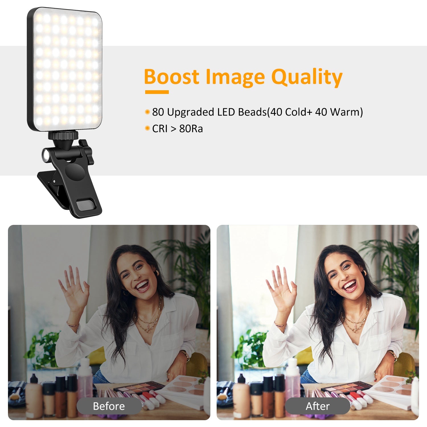Rechargeable Clip-On Selfie Fill Light | 80 LEDs | 3 Modes | 10 Brightness Levels | 2000mAh