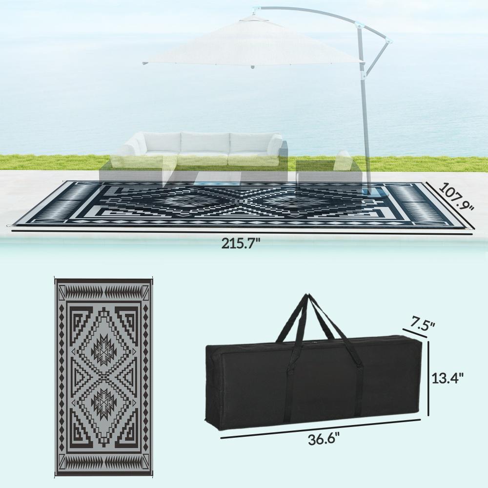 Reversible Outdoor Rug 9’ x 18’ | Waterproof Polypropylene | Black & Gray | Carry Bag Included