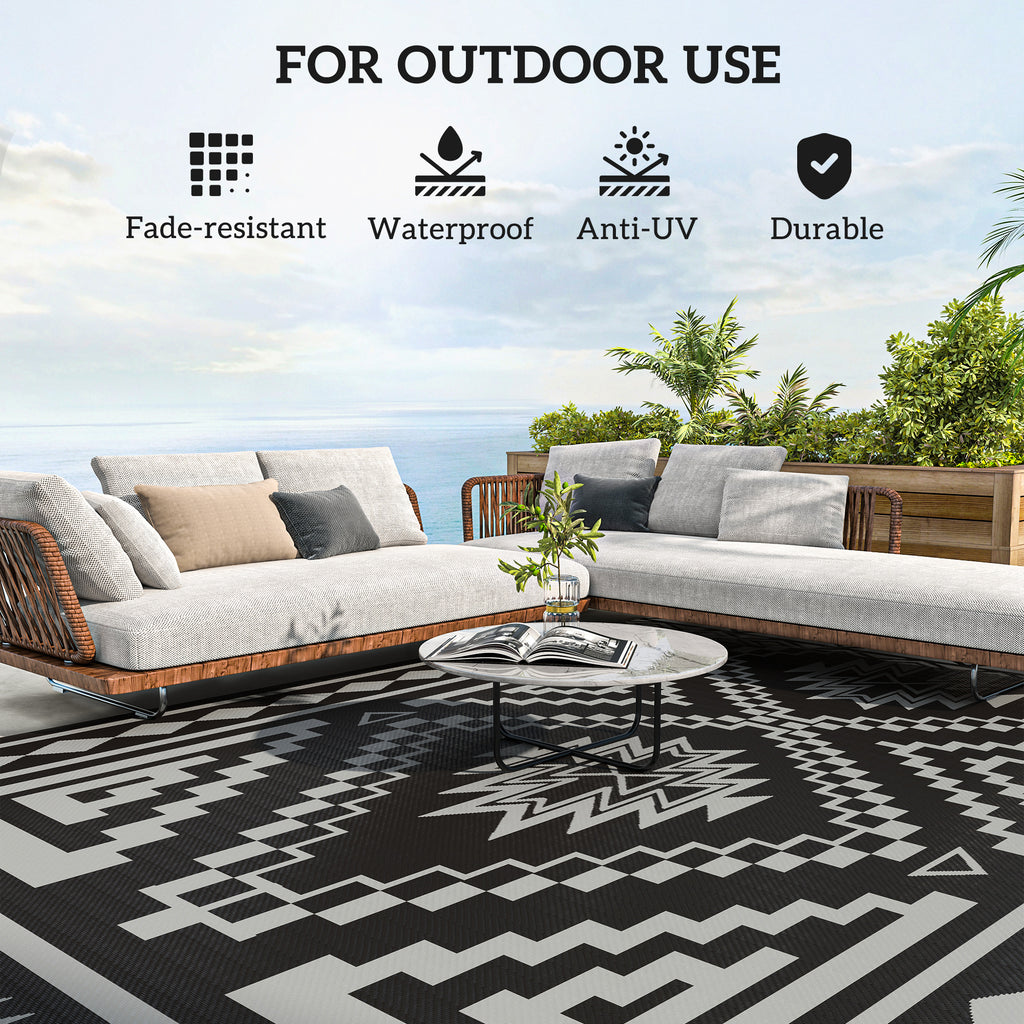 Reversible Outdoor Rug 9’ x 18’ | Waterproof Polypropylene | Black & Gray | Carry Bag Included