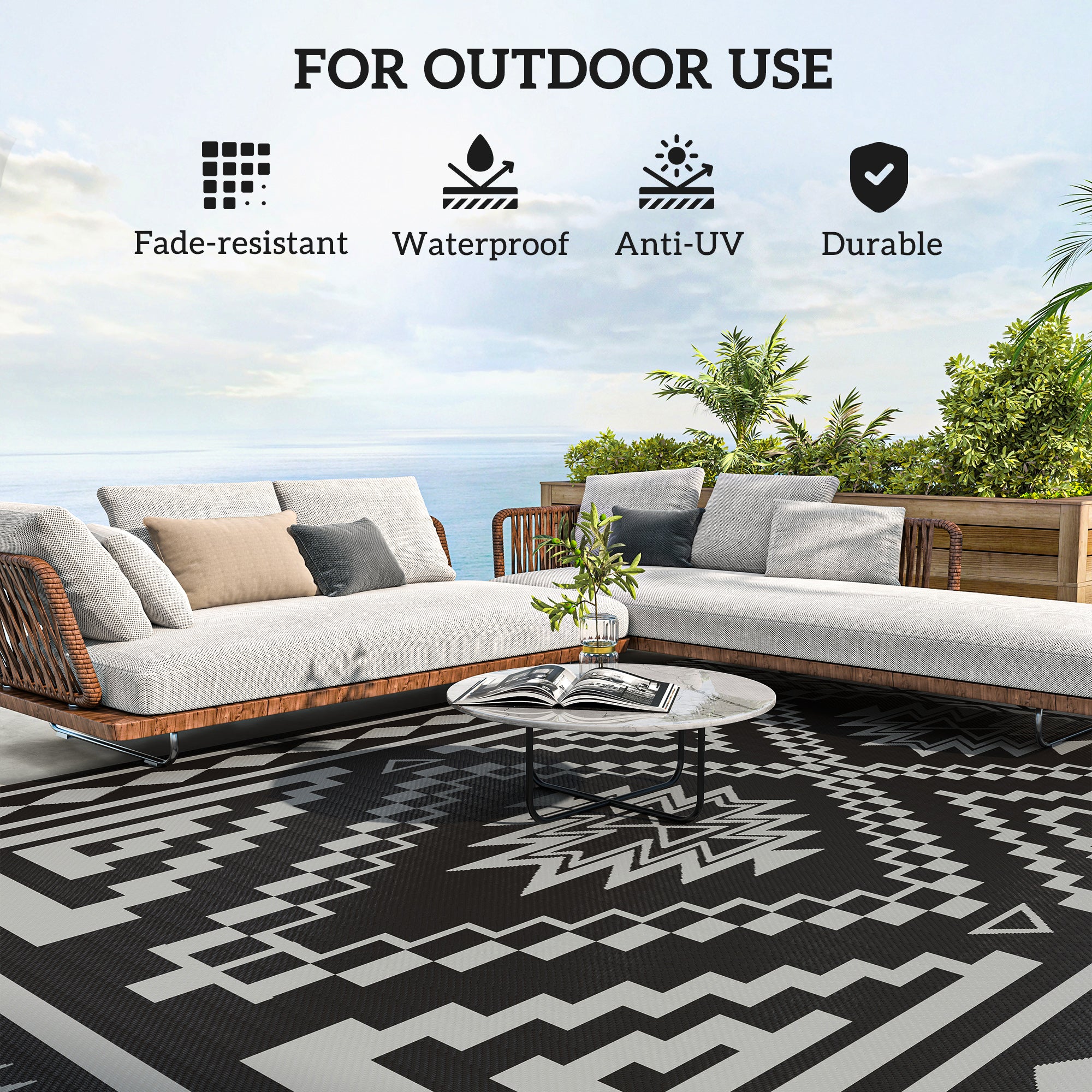 Reversible Outdoor Rug 9’ x 18’ | Waterproof Polypropylene | Black & Gray | Carry Bag Included