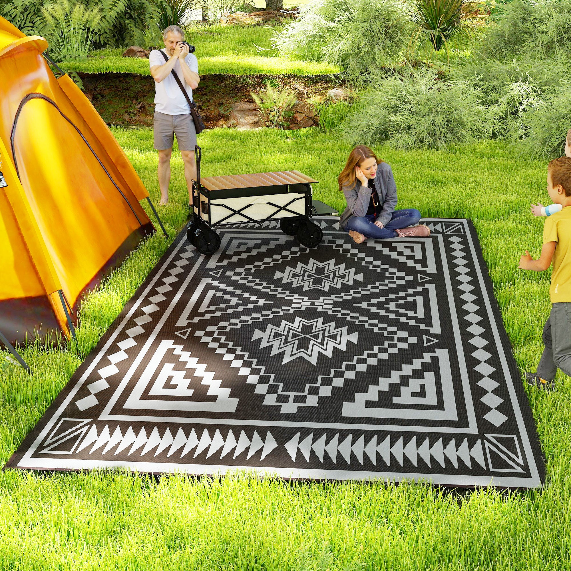 Reversible Outdoor Rug 9’ x 18’ | Waterproof Polypropylene | Black & Gray | Carry Bag Included