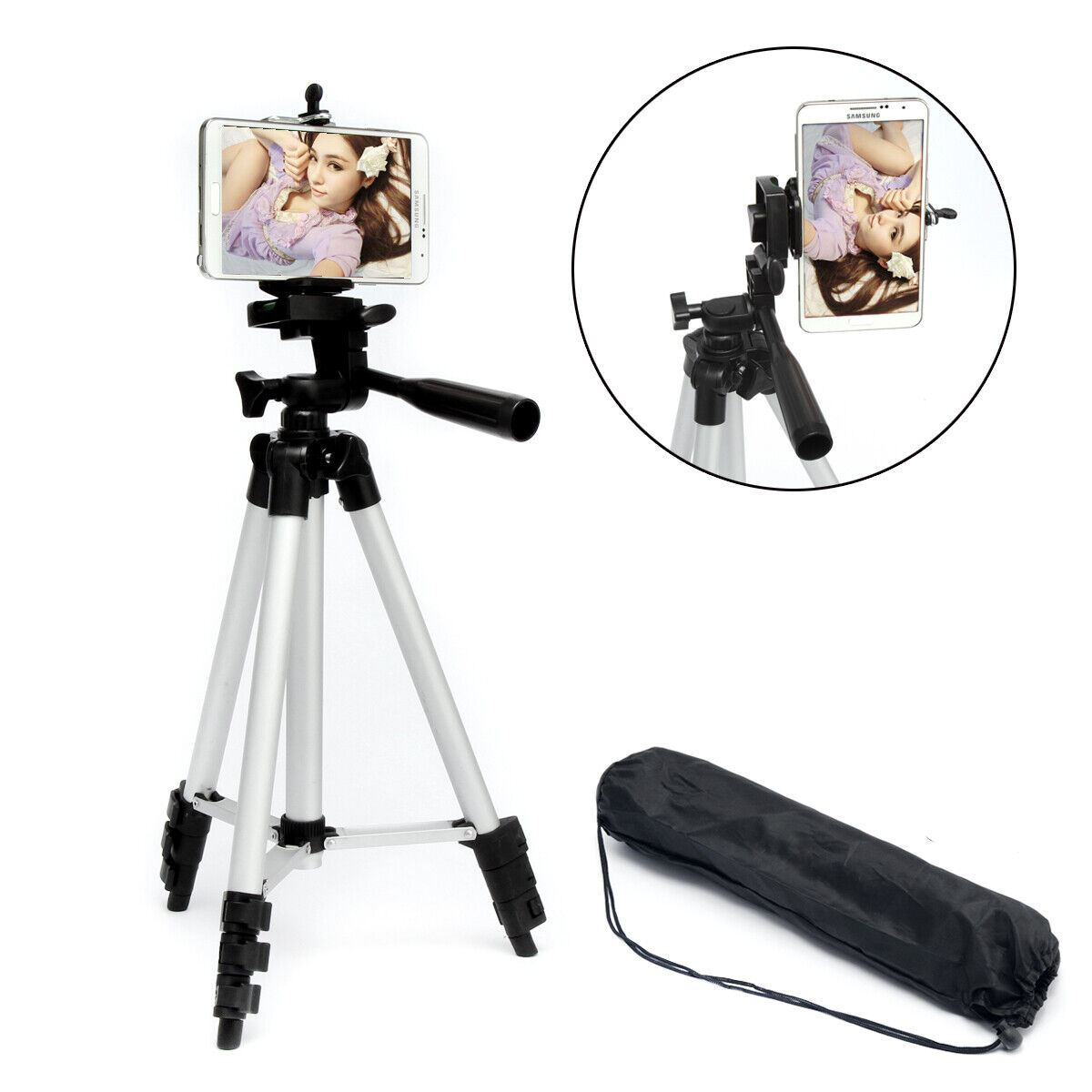 Portable Aluminum Tripod Stand with 360° Swivel Head & Phone Mount