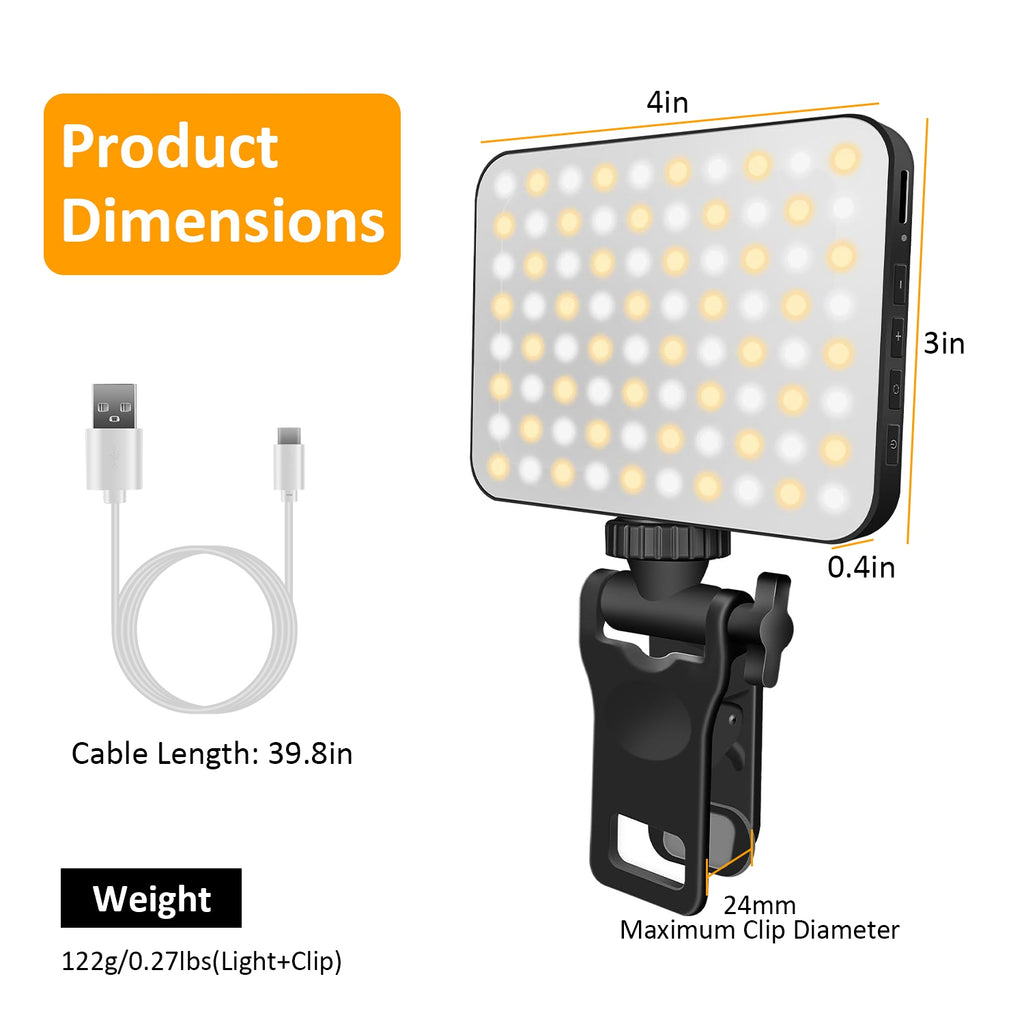 Rechargeable Clip-On Selfie Fill Light | 80 LEDs | 3 Modes | 10 Brightness Levels | 2000mAh