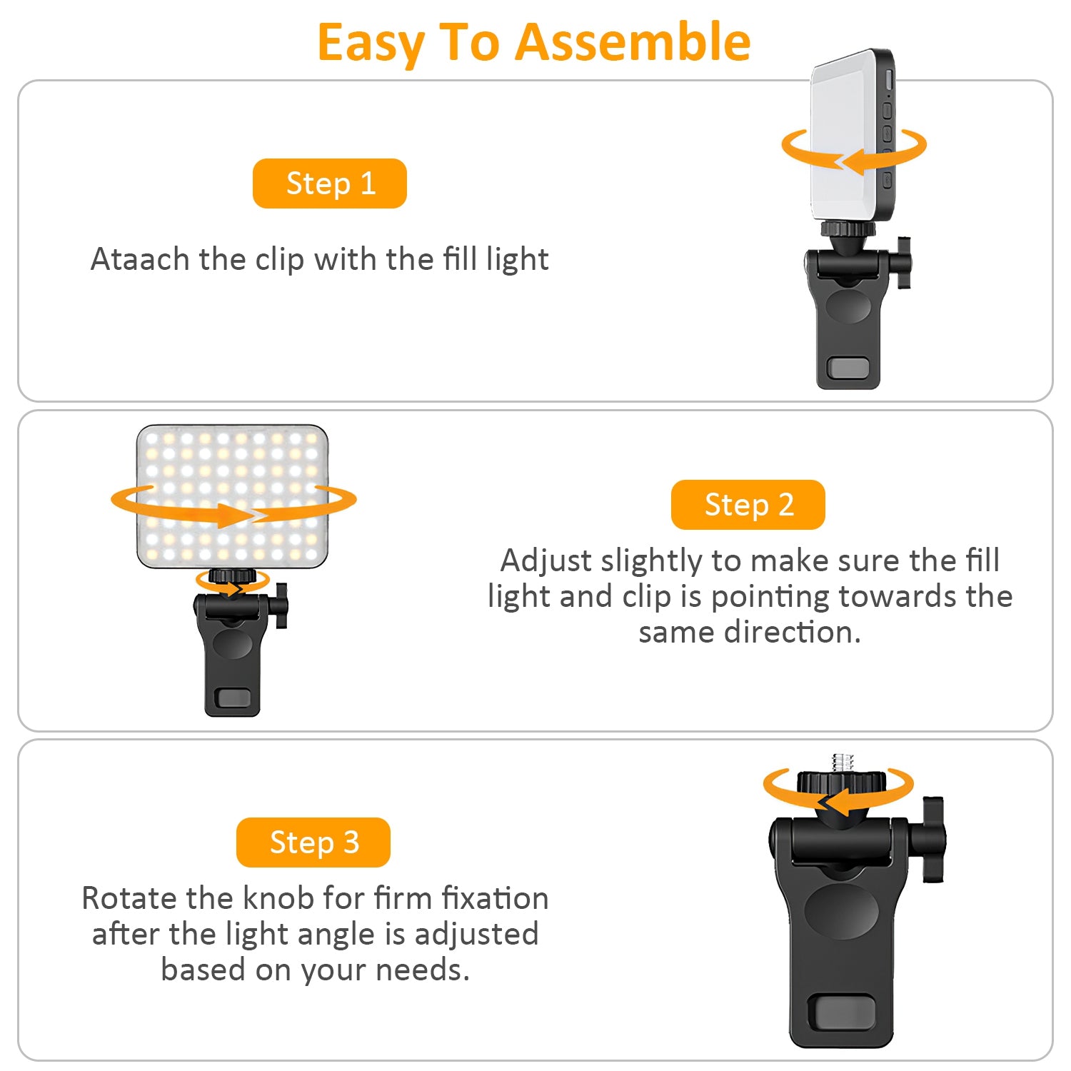 Rechargeable Clip-On Selfie Fill Light | 80 LEDs | 3 Modes | 10 Brightness Levels | 2000mAh