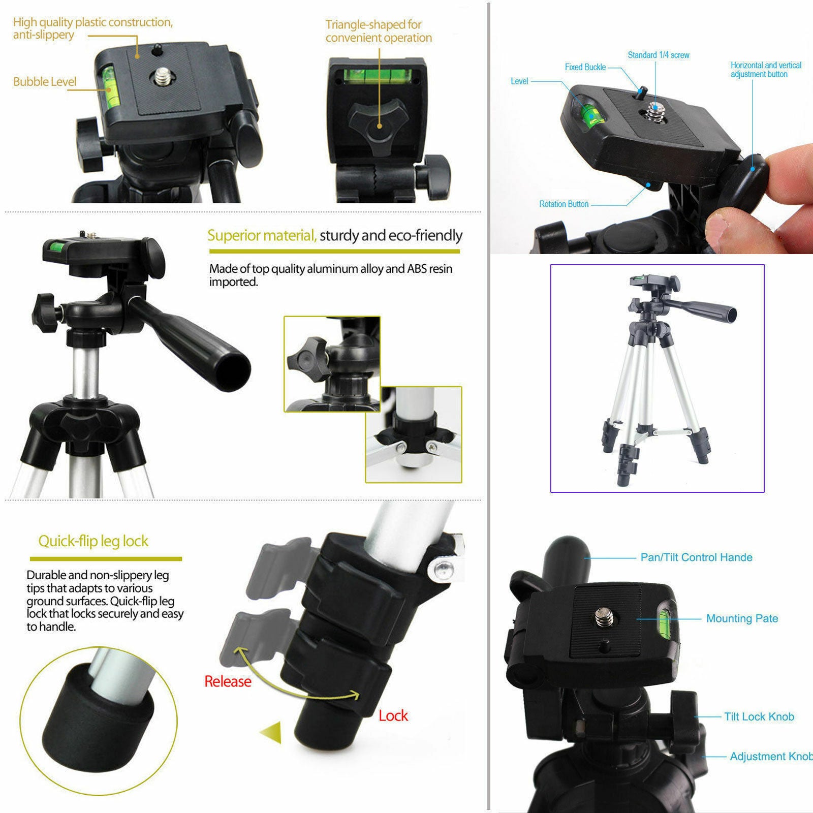 Portable Aluminum Tripod Stand with 360° Swivel Head & Phone Mount