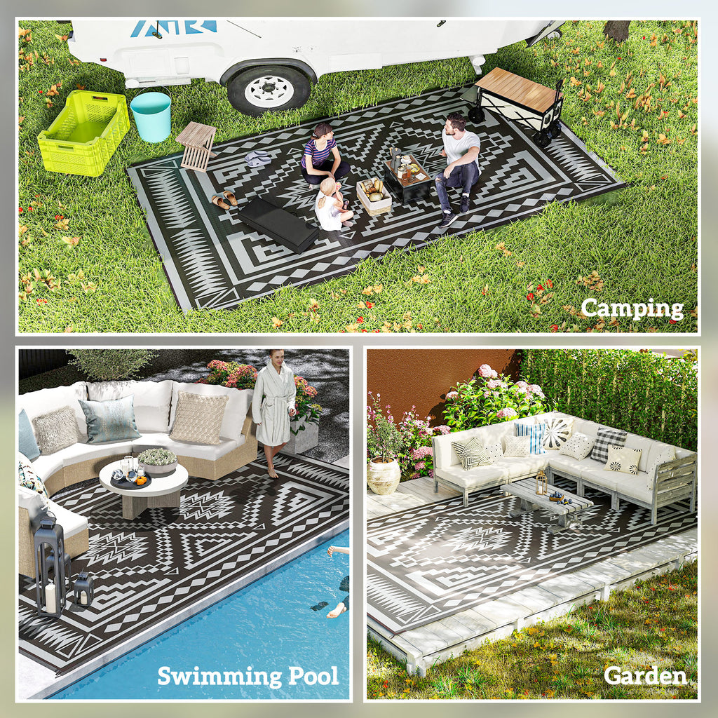 Reversible Outdoor Rug 9’ x 18’ | Waterproof Polypropylene | Black & Gray | Carry Bag Included