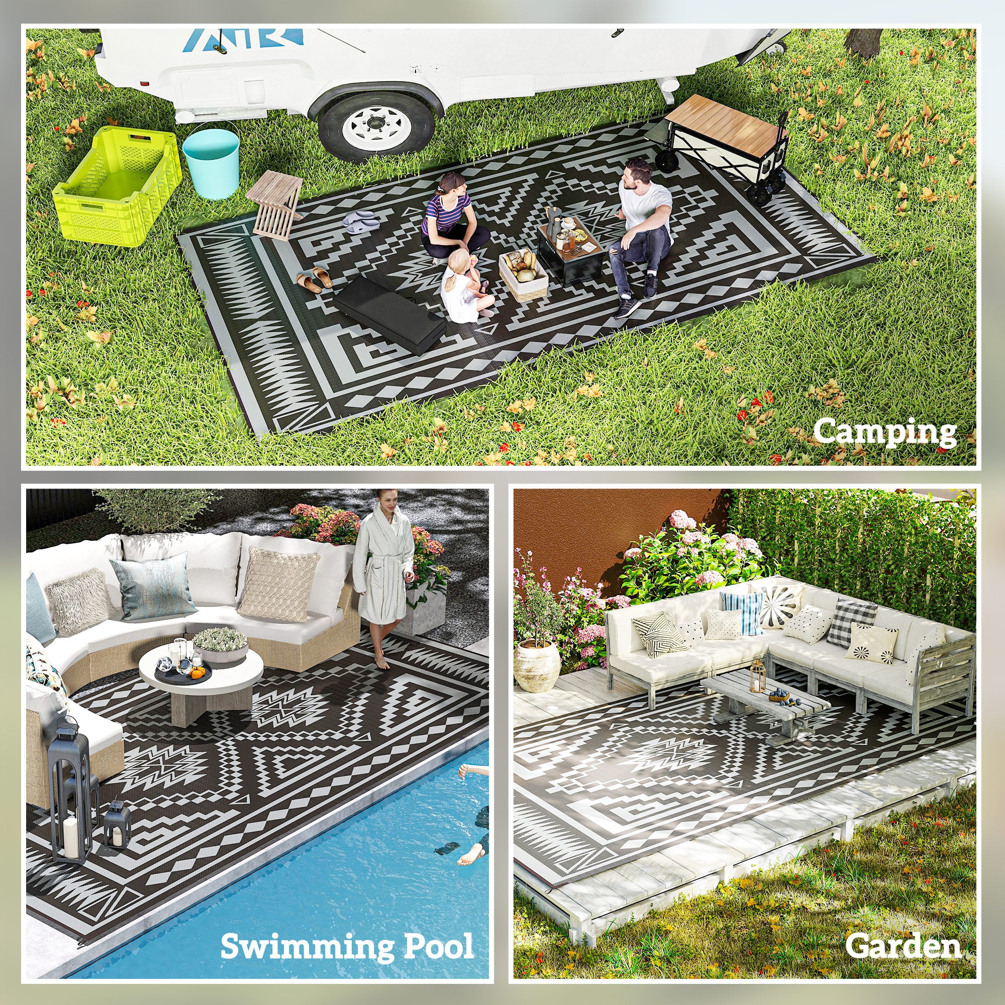Reversible Outdoor Rug 9’ x 18’ | Waterproof Polypropylene | Black & Gray | Carry Bag Included