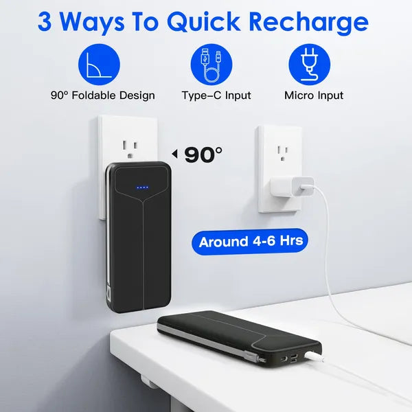 10,000mAh Power Bank with Built-In Cables & US Plug – 4 Outputs, 3 Inputs
