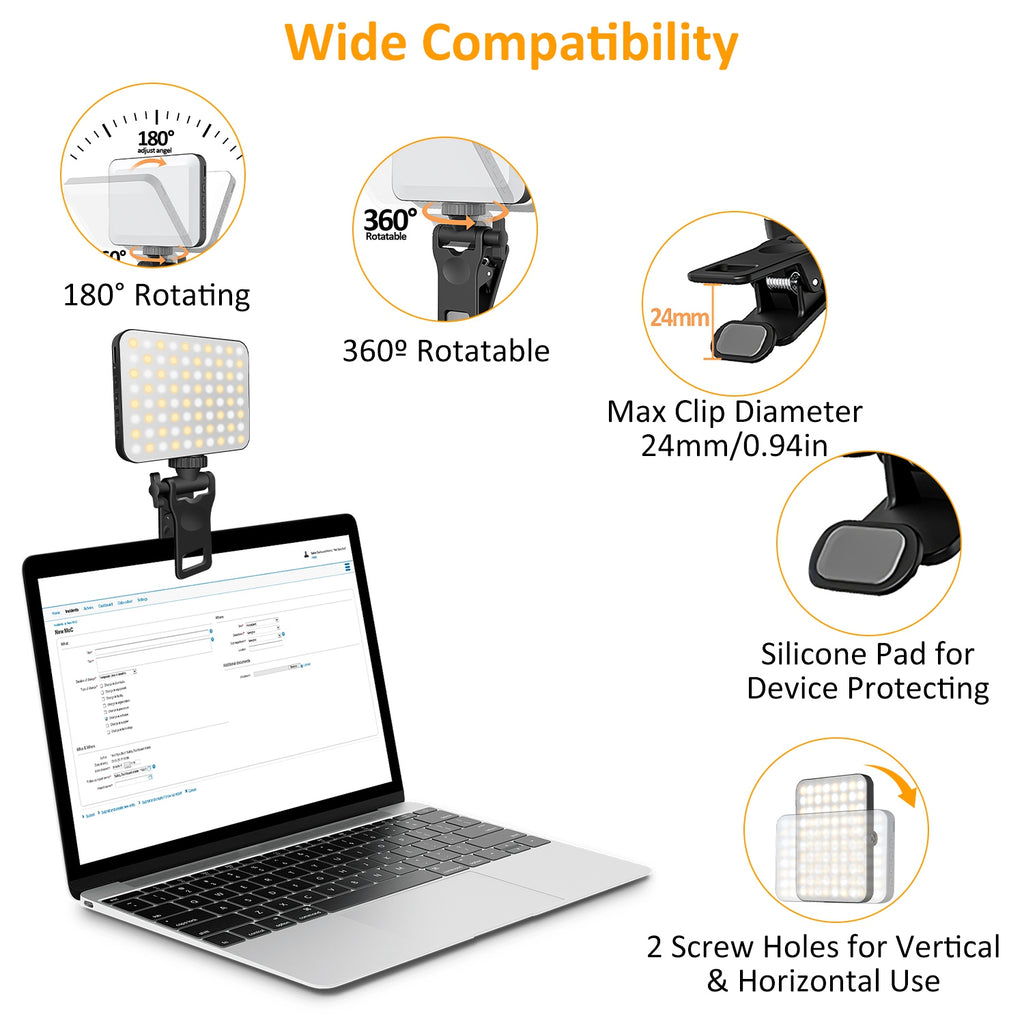 Rechargeable Clip-On Selfie Fill Light | 80 LEDs | 3 Modes | 10 Brightness Levels | 2000mAh